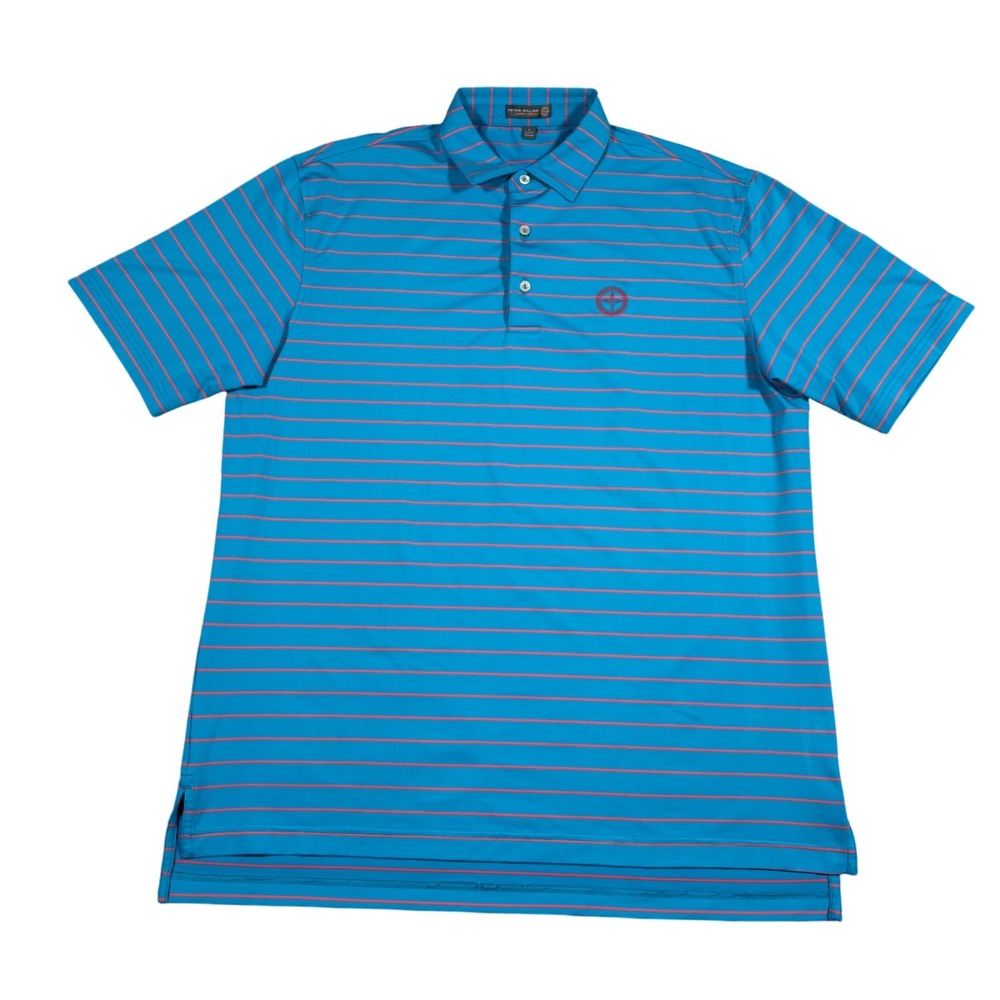 Peter Millar Polo Shirt Mens L Blue Pink Striped Summer Comfort Golf Performance